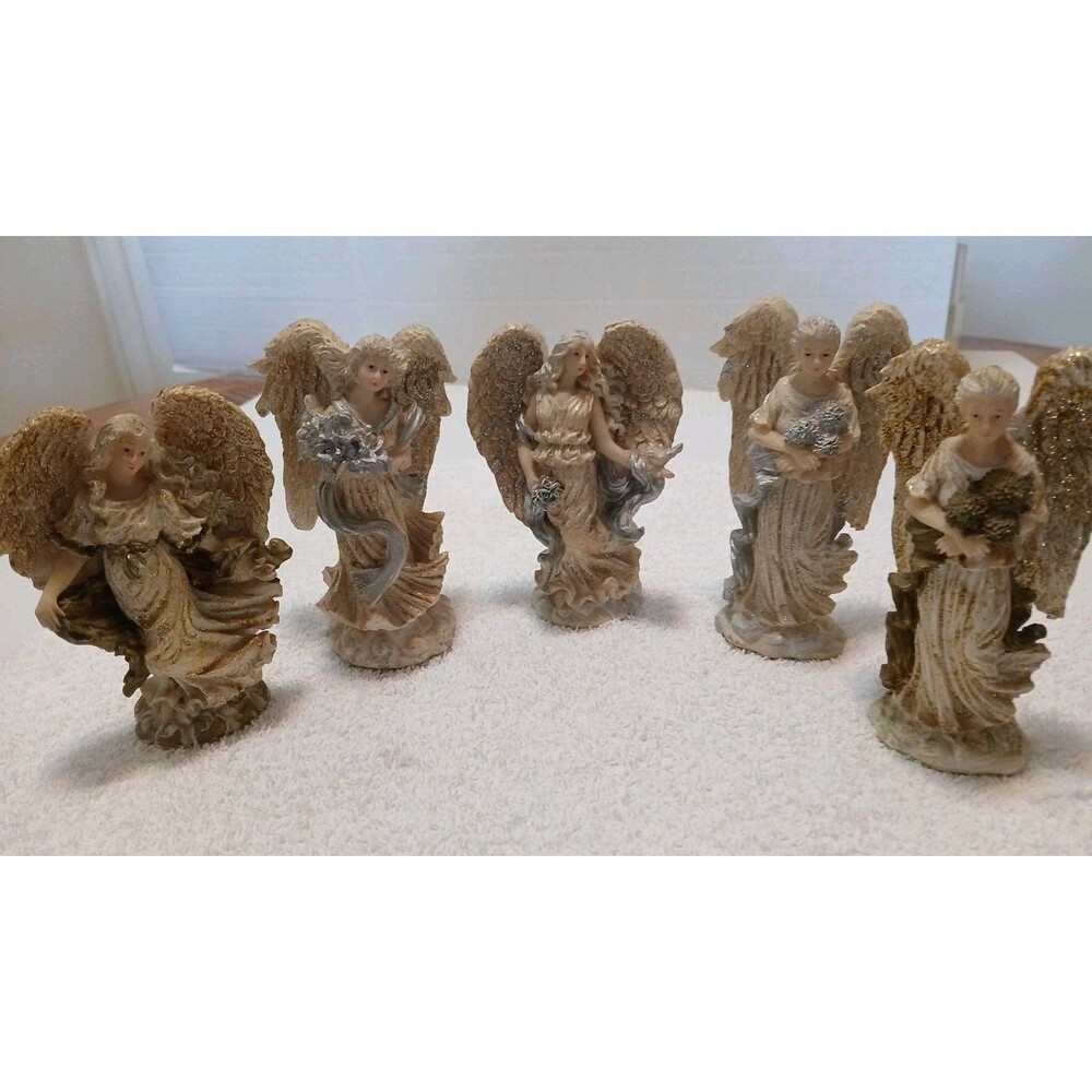 (5) VTG White & Gold Ceramic Angel Figurines Gold Glitter Accents 4.5" Inches